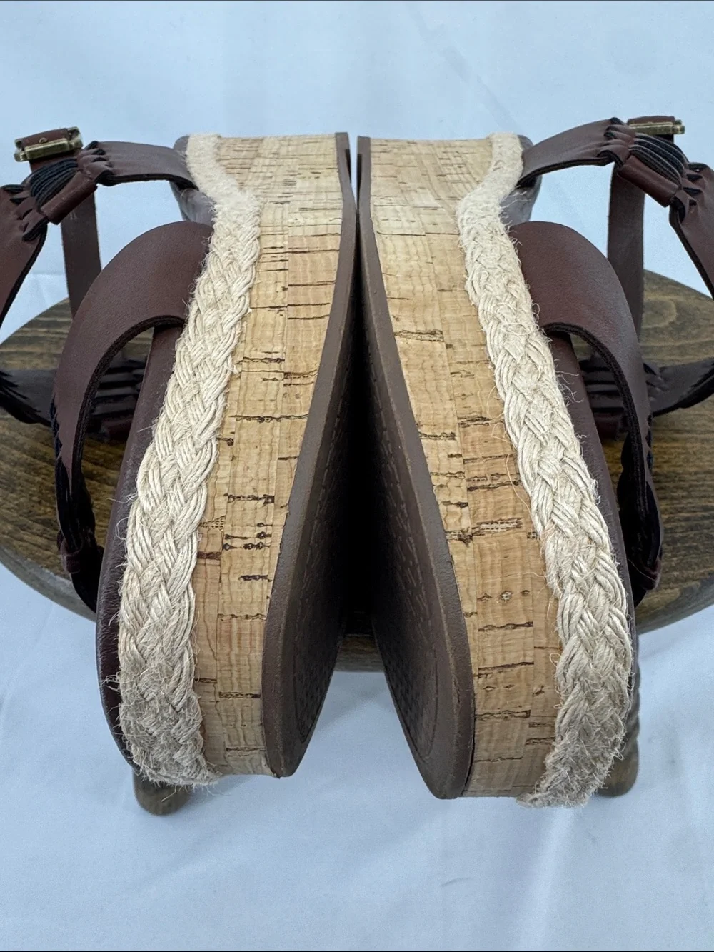 Like New! Frye & Co Womens Lavish Woven Brown Leather Wedge Cork Sandals, sz 8